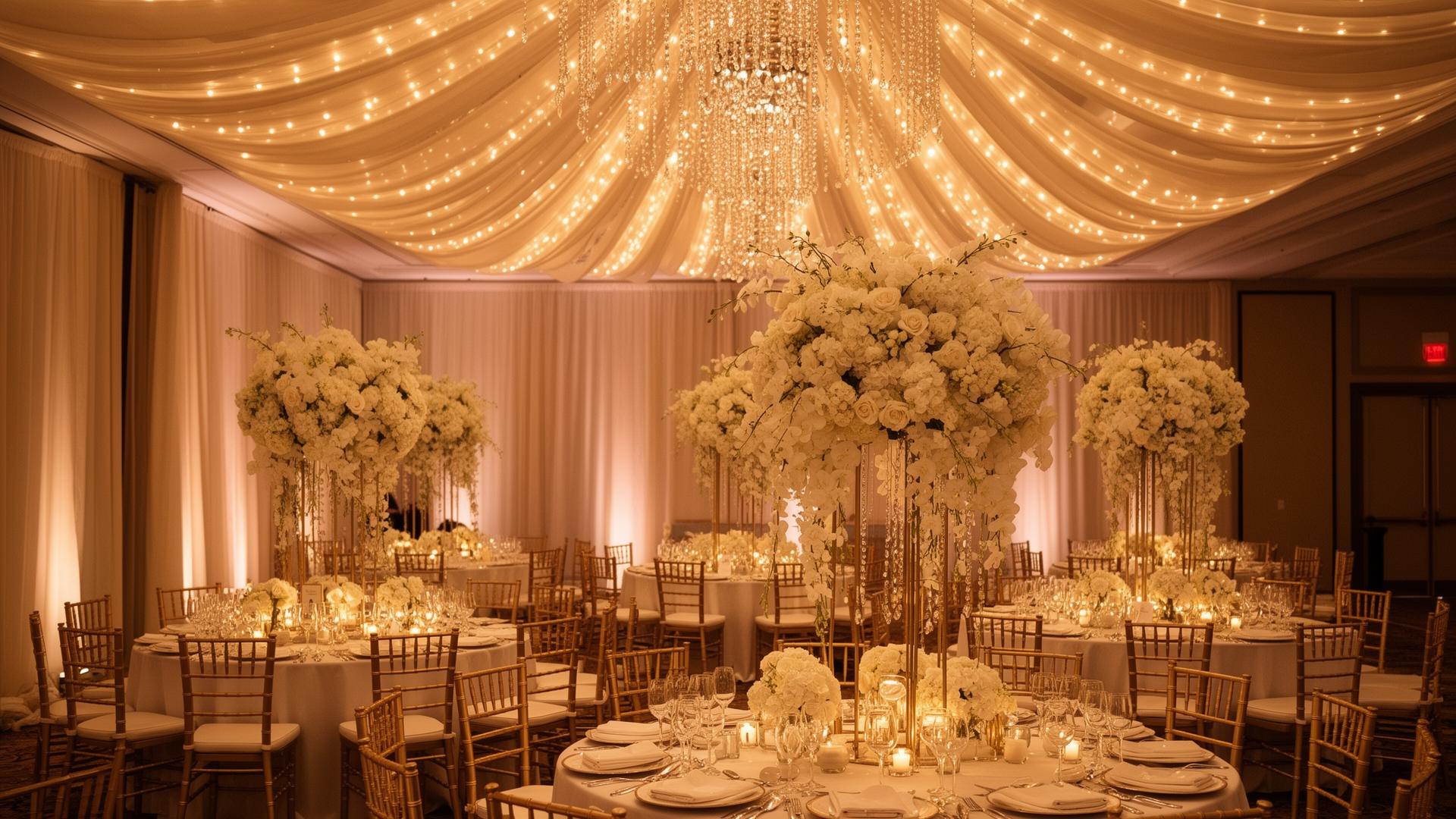 Same ballroom transformed into luxury wedding reception